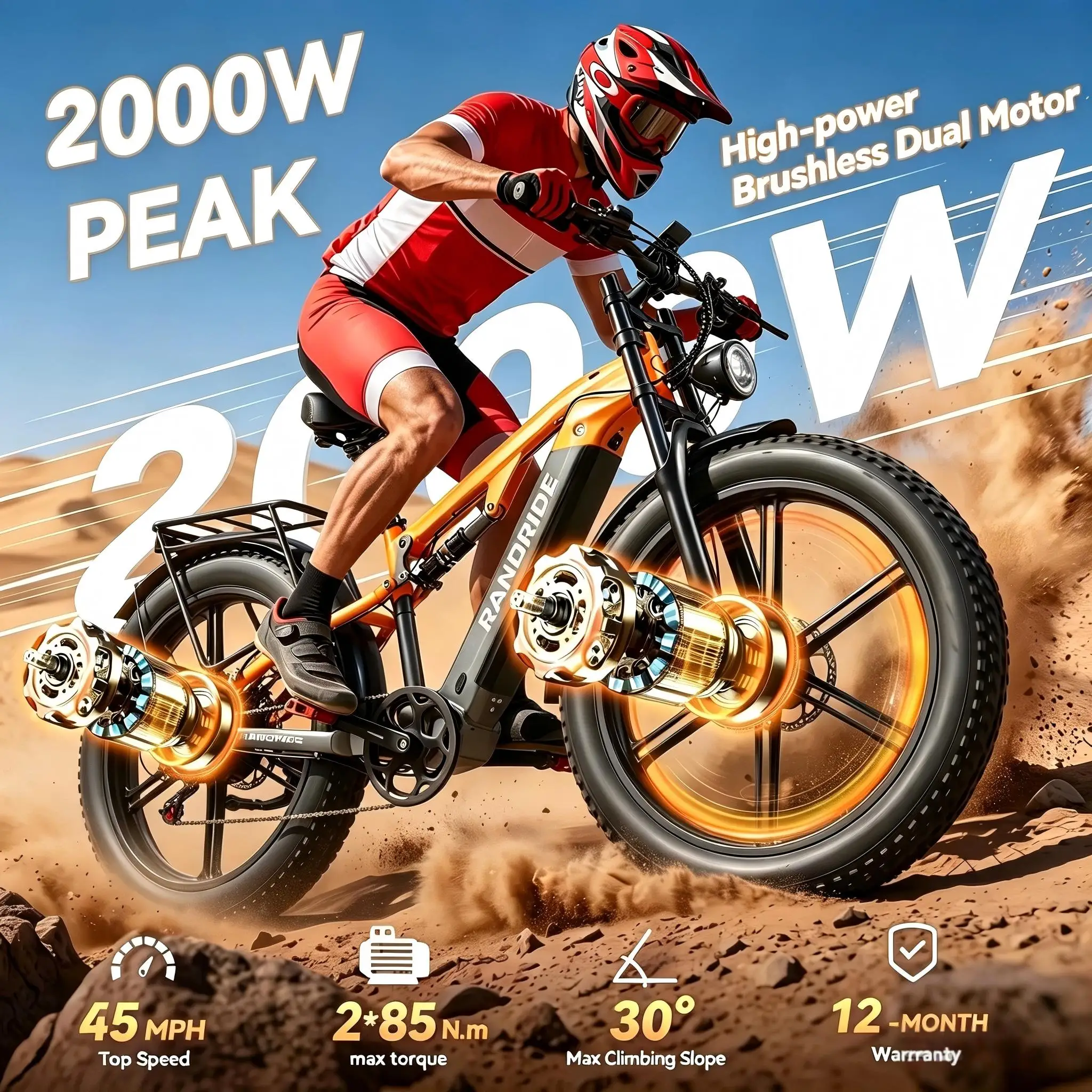 Фото Электровелосипед RANDRIDE YX80MM-2 2000W с аккумулятором 48V 20Ah, внедорожными шинами 26x4 дюйма, горный электровелосипед - склад в РФ №1