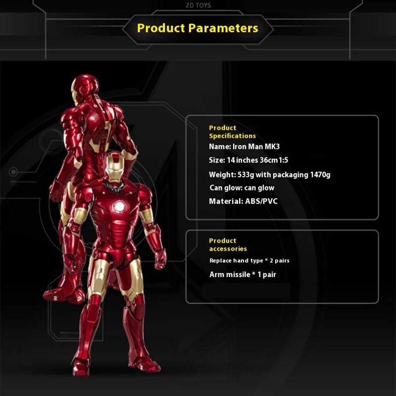 Iron Zd Man-Figura De AccióN Tony Stark Modelo 36cm Mk3 Original Legends IluminacióN Led ColeccióN Conmemorativa 1/5