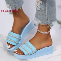 womens shoes thick bottom slope heel solid color hollow pearls cool slippers diamond stripe color cloth thick bottom wedge heel