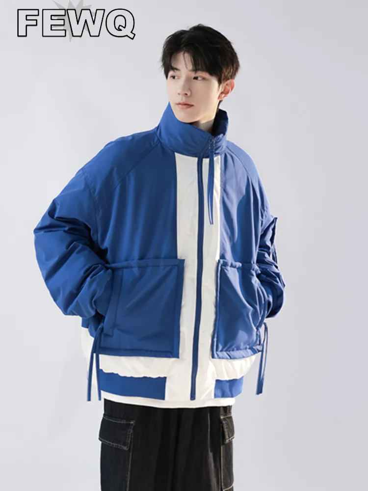 

FEWQ 2023 New Trendy Splicing Contrast Color Down Jacket Male Stand Collar Casual Loose Zipper Short Coat Safari Style 24A1004