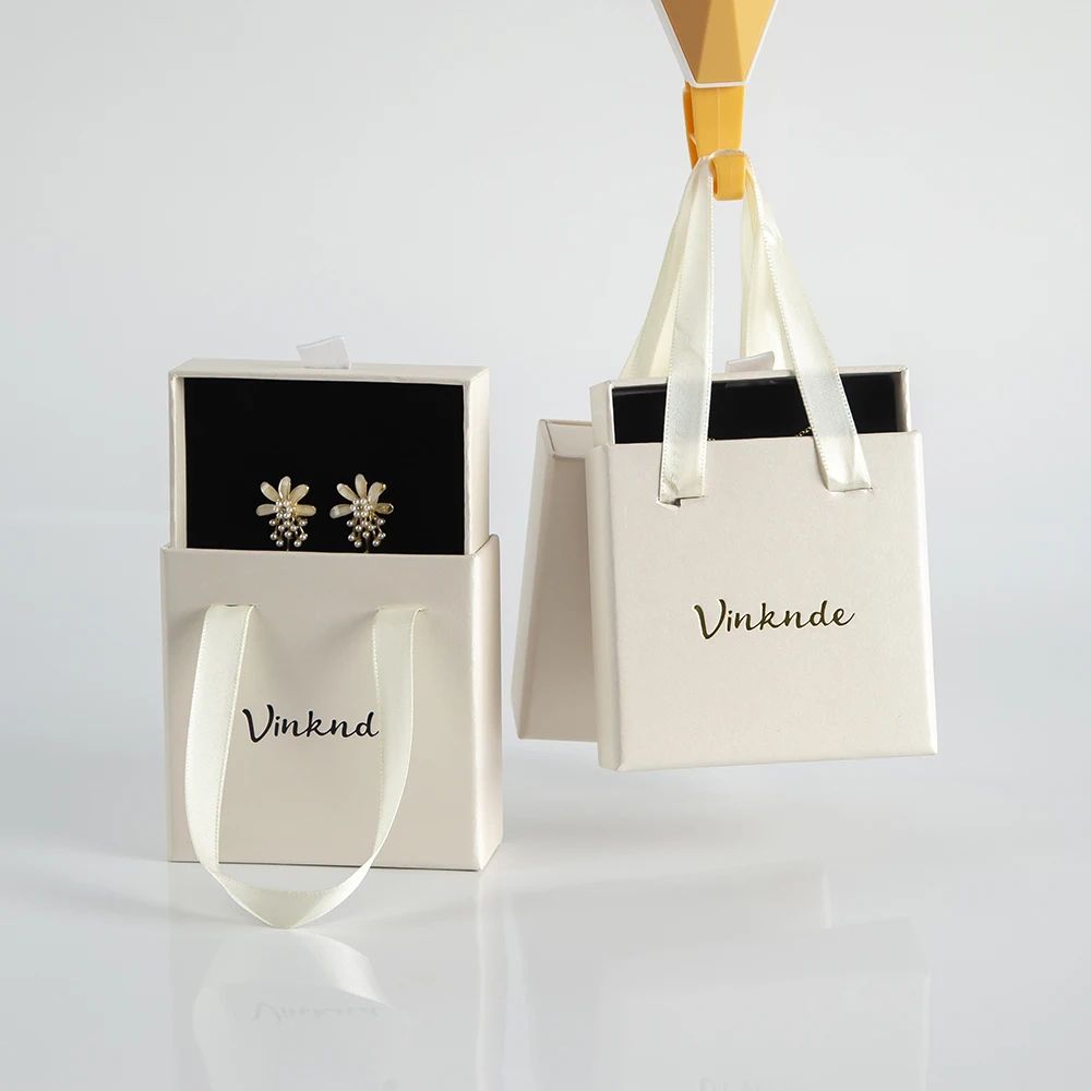 100-Pack Custom Logo Luxury Sliding Handle Beige Cardboard Drawer Packaging Bracelet Jewelry Gift Box for Ring Earring Necklace