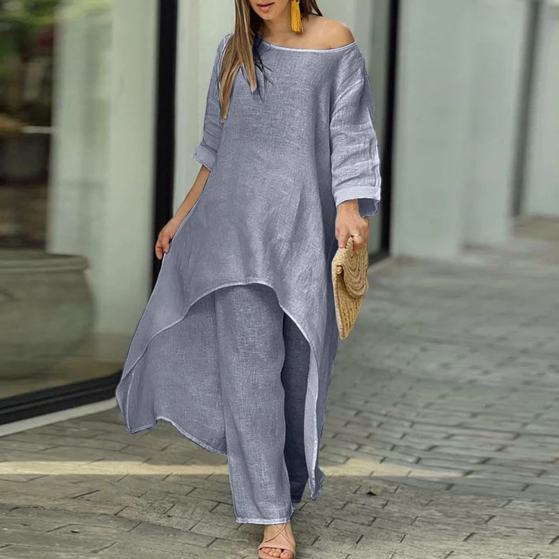 

New Women Casual Cloth Linen Fashion Casual Irregular Long-sleeved Suit Wide-legged Pants Two-piece Set