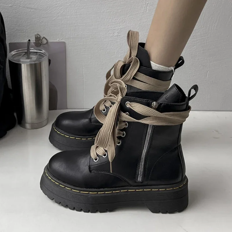 

Женские ботинки на шнуровке, однотонные повседневные ботинки в британском стиле с круглым носком, средней высоты, на шнуровке, для зимы, 2023