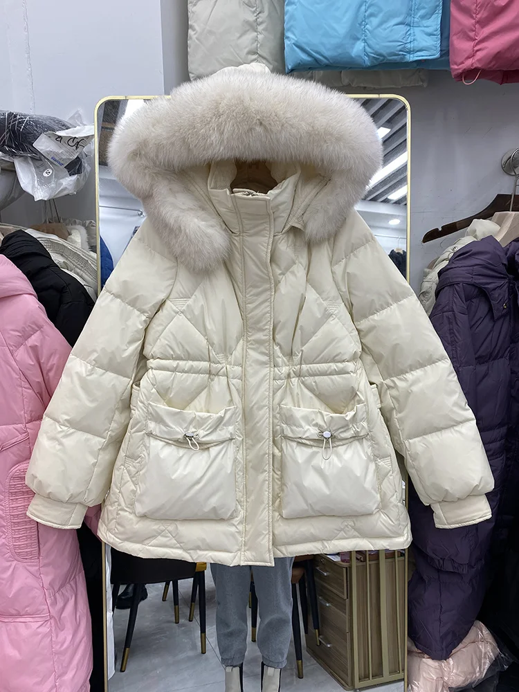 

Glossy 2023 Winter Women Short Parka Thick Waterproof Puffer Coat Female Real Fox Fur Hooded 90% White Duck Down Jacket