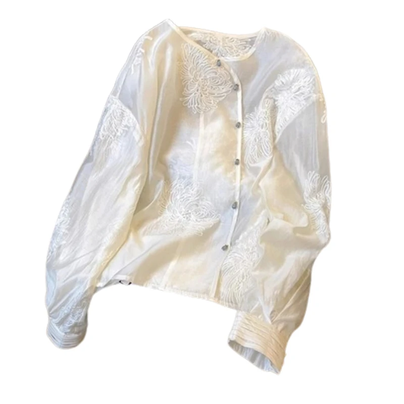Шифоновые женские блузки в китайском стиле летние рубашки с вышивкой и круглым