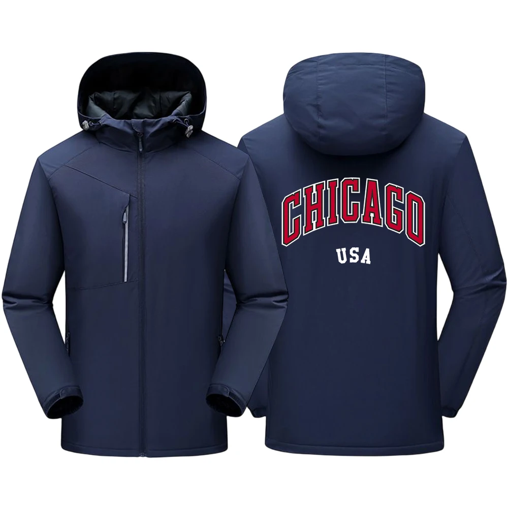 

Chicago Usa Simple Printed Men Zip Up Jackets All-Match Vintage Functional Clothing Fashion Personality Pocket Male Long Sleeves