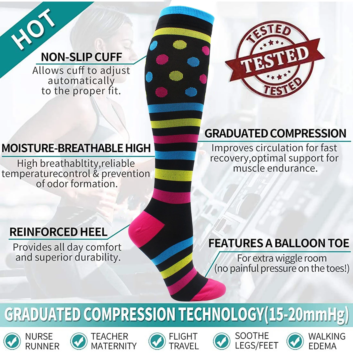 7 Pairs Compression Socks Women Men 15-20 mmHg Knee High Medical Compression Socks for Athletic Flight Travel Nurses Pregnancy