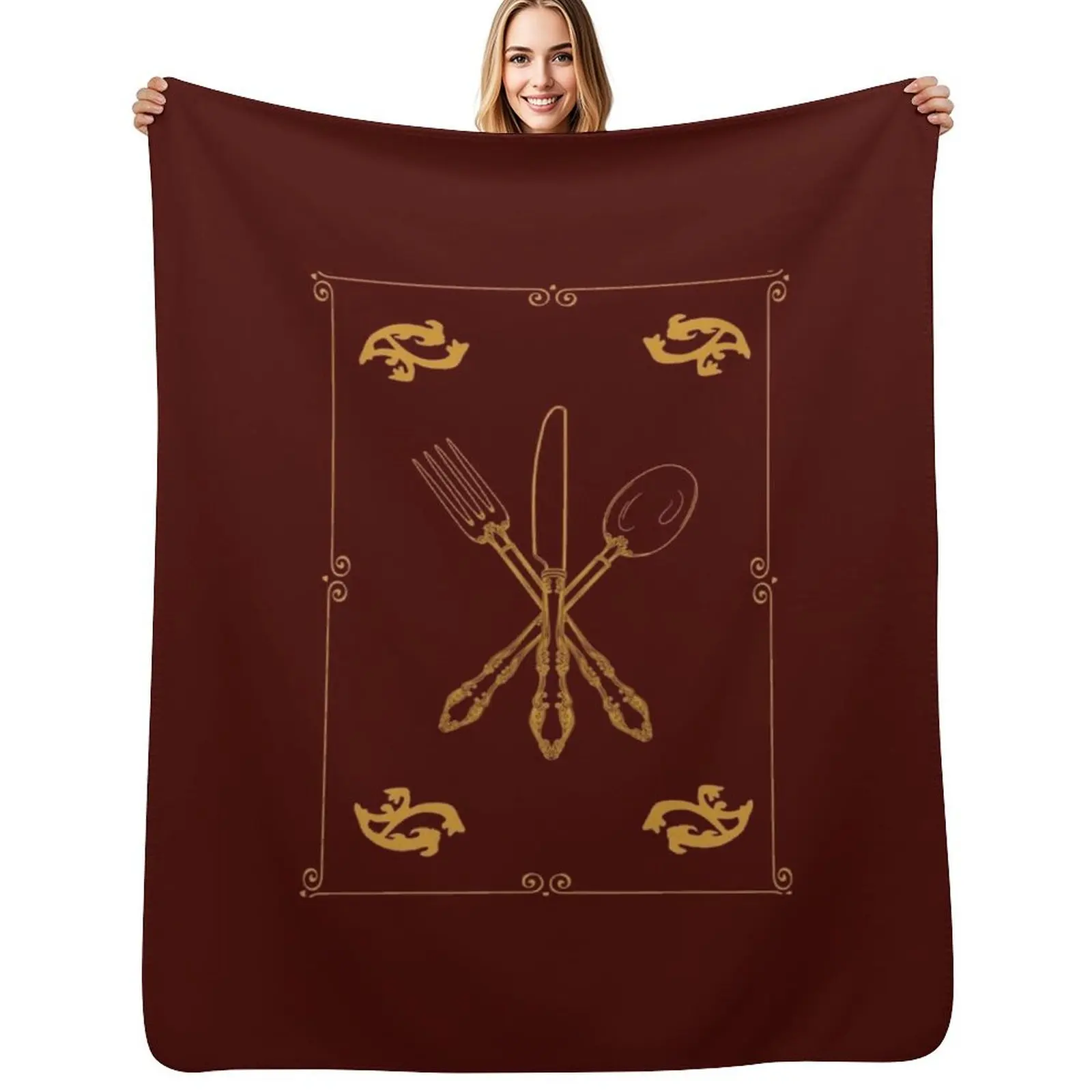 Фото Плед Just Add Magic Utensils Gold с окантовкой, многофункциональный теплый плед для гостиной и спальни №1