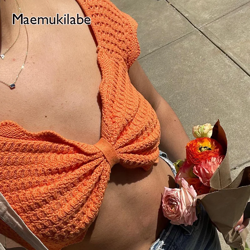 

Винтажный кроп-топ Maemukilabe, шикарный женский трикотажный топ с запахом на груди, Сексуальная футболка с V-образным вырезом и коротким рукавом, женский летний праздник