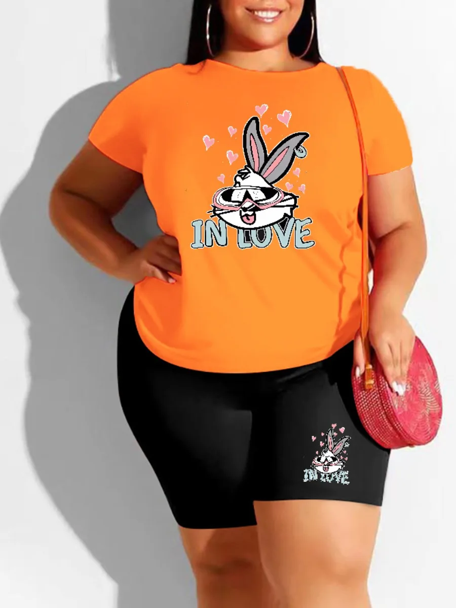 LW BASICS Plus Size Cartoon Letter Print Shorts Set Casual T-Shirt Y2k Graphics Top Shorts Set Femme Short Sleeve Two Pieces Set
