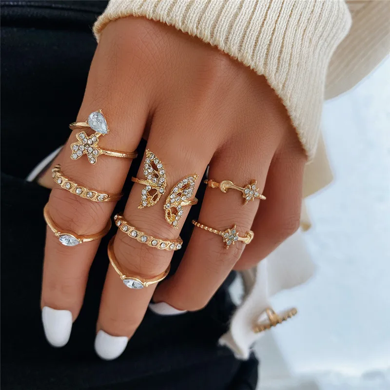 

KOTiK Vintage Bohemia Crystal Butterfly Flower Multi Element Ring Set For Women Men Fashion Finger Ring Jewelry Gifts