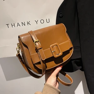 2022 New High Quality Vintage Fashion Saddle Bag Khaki PU Leather Women's Designer Handbag Lock Shoulder Messenger Bag Purses