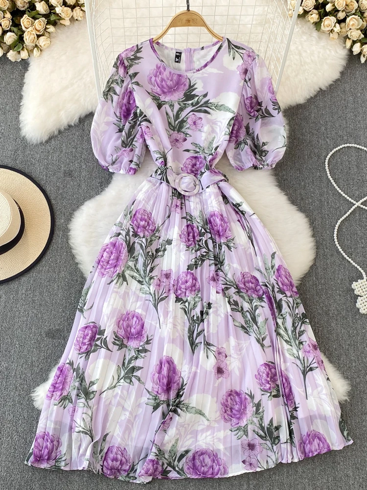 

Женское шифоновое плиссированное платье с круглым вырезом, коротким рукавом и цветочным принтом