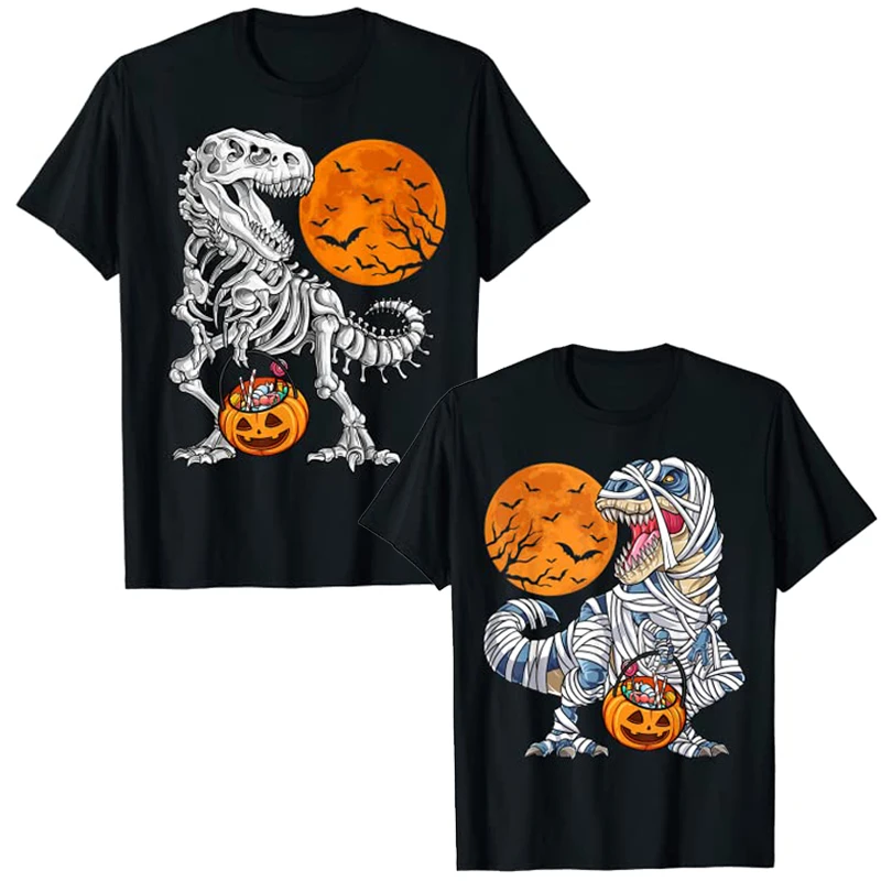 

Halloween Costumes for Boys Men Skeleton Dinosaur T Rex Mummy Scary Pumpkin Moon T-Shirt Trick or Treating with Skull Cute Tee