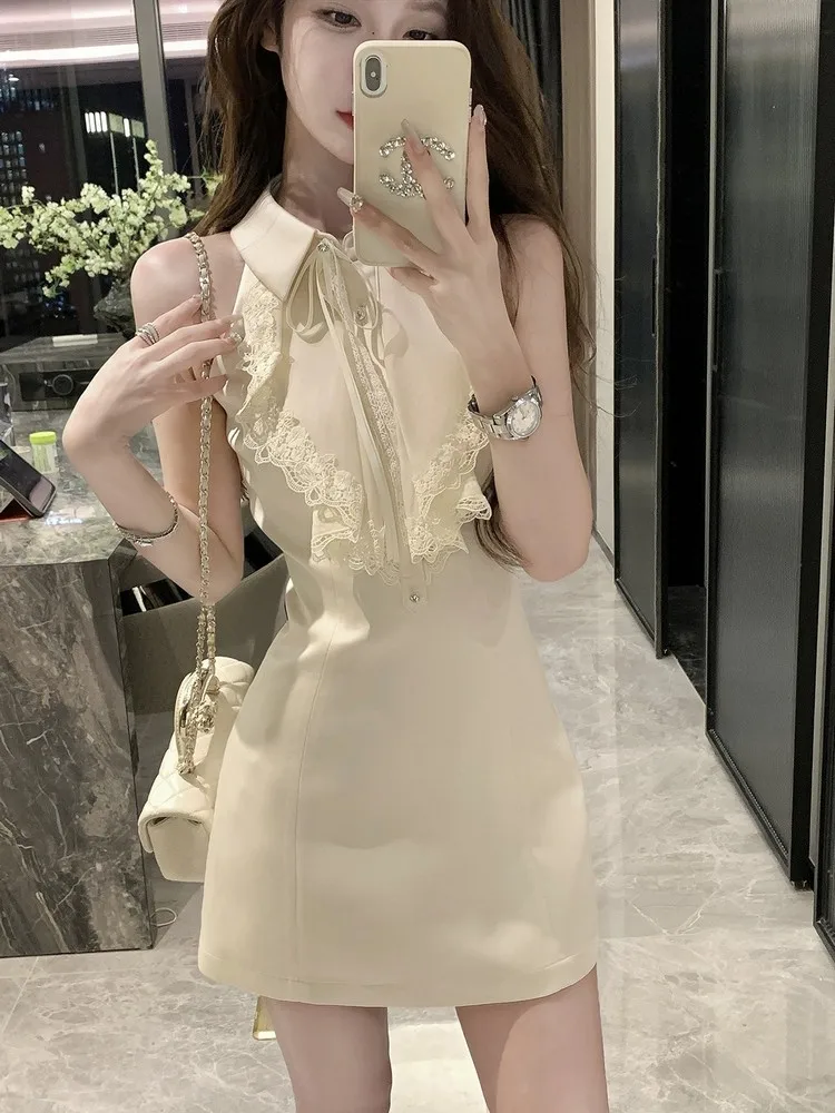 Французское кружевное платье без рукавов с подвесным воротником женское летнее