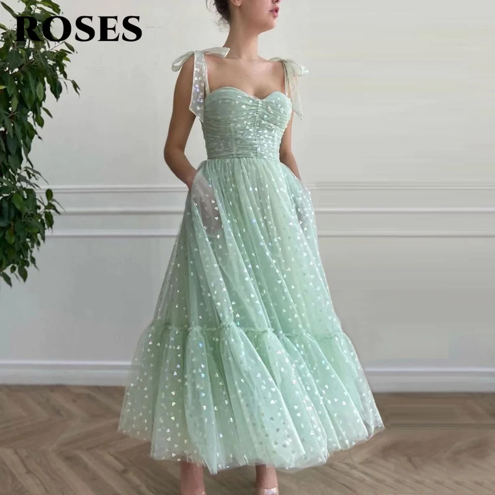 

Mint Green Hearty Prom Dress Bow Straps Sweetheart Midi Prom Gowns Pockets Tea-Length Wedding Party Dresses vestidos de fiesta