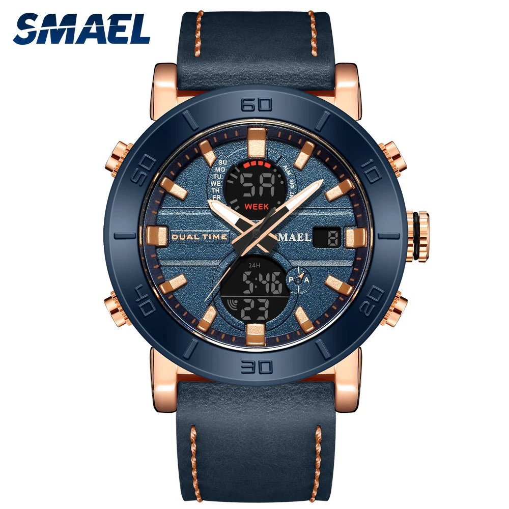 

SMAEL Fashion Watches for Men Waterproof 3Bar Top Brand Luxury Dual Display Alloy Case Creative Digital Leather Watches SL6010