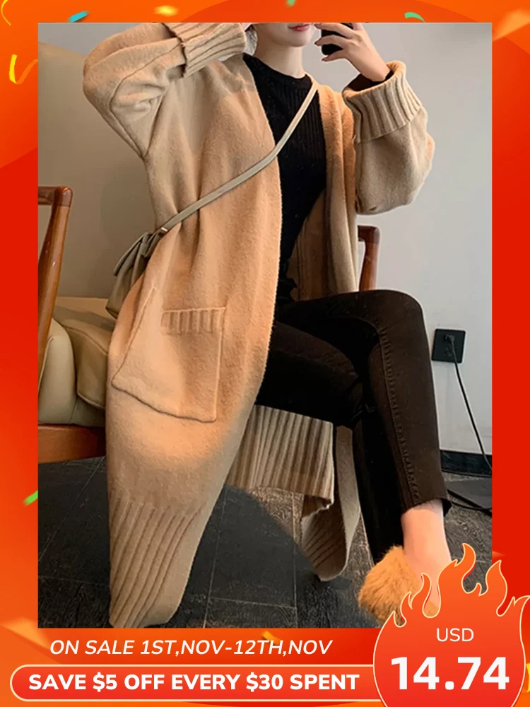 

Cardigans Long Knitted Cardigan Woman Pocket Fall 2022 Long Sleeve Korean Fashion Sweater Cardigans Female Gray Knit Coat