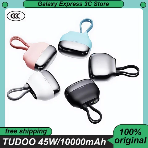 TUDOO 45 Вт MAX Power Bank с быстрой зарядкой, встроенный кабель, портативный внешний аккумулятор, умный цифровой дисплей, CCC PowerBank, емкость 10000 мАч