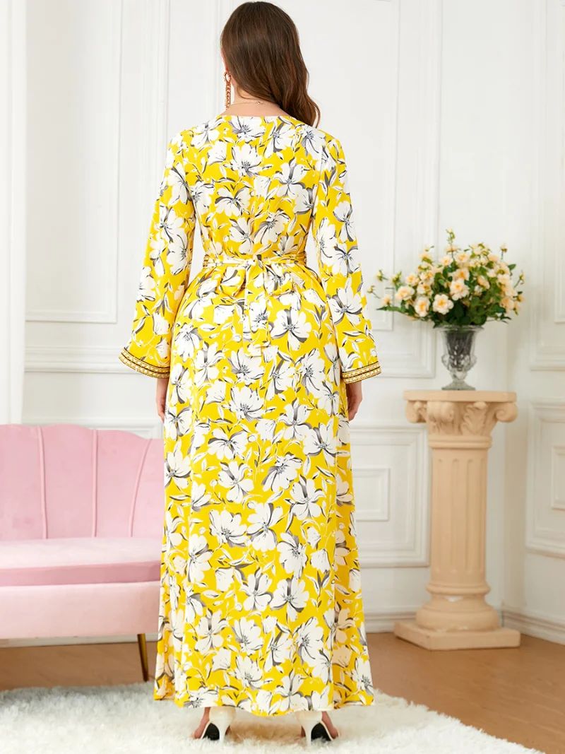 Floral Printed Abaya Long Dress for Women Hem Split Muslim Arabic Evning Dresses  Moroccan Kaftan Eid Ramadan Dubai Abayas
