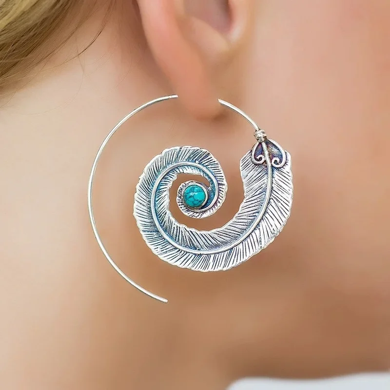 

Vintage Hoop Metal Hand Carved Feather Earrings Fashion Ladies Inlaid Round Turquoise Statement Hook Earrings