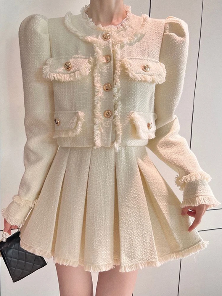 

2023 New Women Elegant Jacket Two-piece Suit Spring Autumn Small Fragrant Wind Women Mini Pleated Skirt Two Piece Set for Women