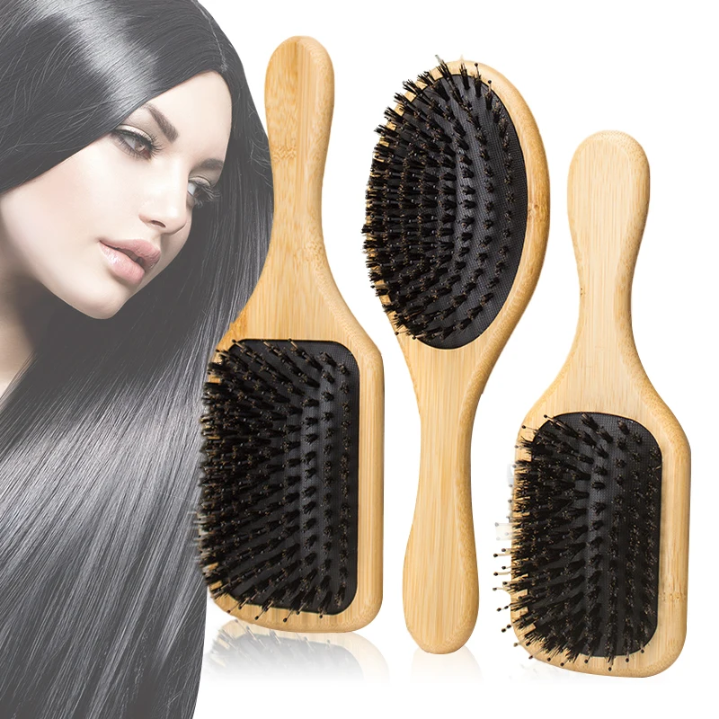 

Щетка для волос с натуральной бамбуковой ручкой, щетка для волос с Кабановой щетиной, Антистатическая щетка для кожи головы, массажная расч...