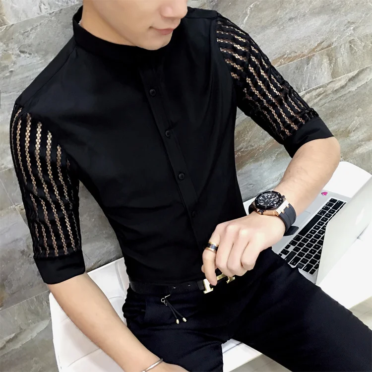 

See Through Black White Prom Men Lace Fashion Designer Shirt Slim Fit Camisa Social Masculina
