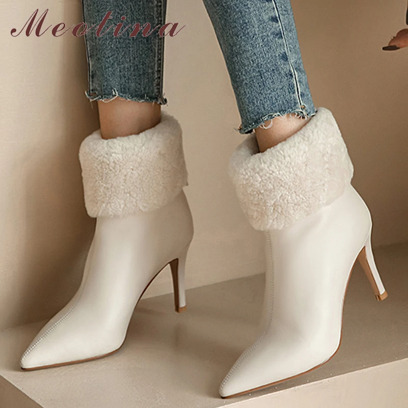 

Meotina Women Genuine Leather Ankle Boots Pointed Toe Thin High Heel Zipper Ladies Fashion Warm Short Boot Autumn Winter Shoes