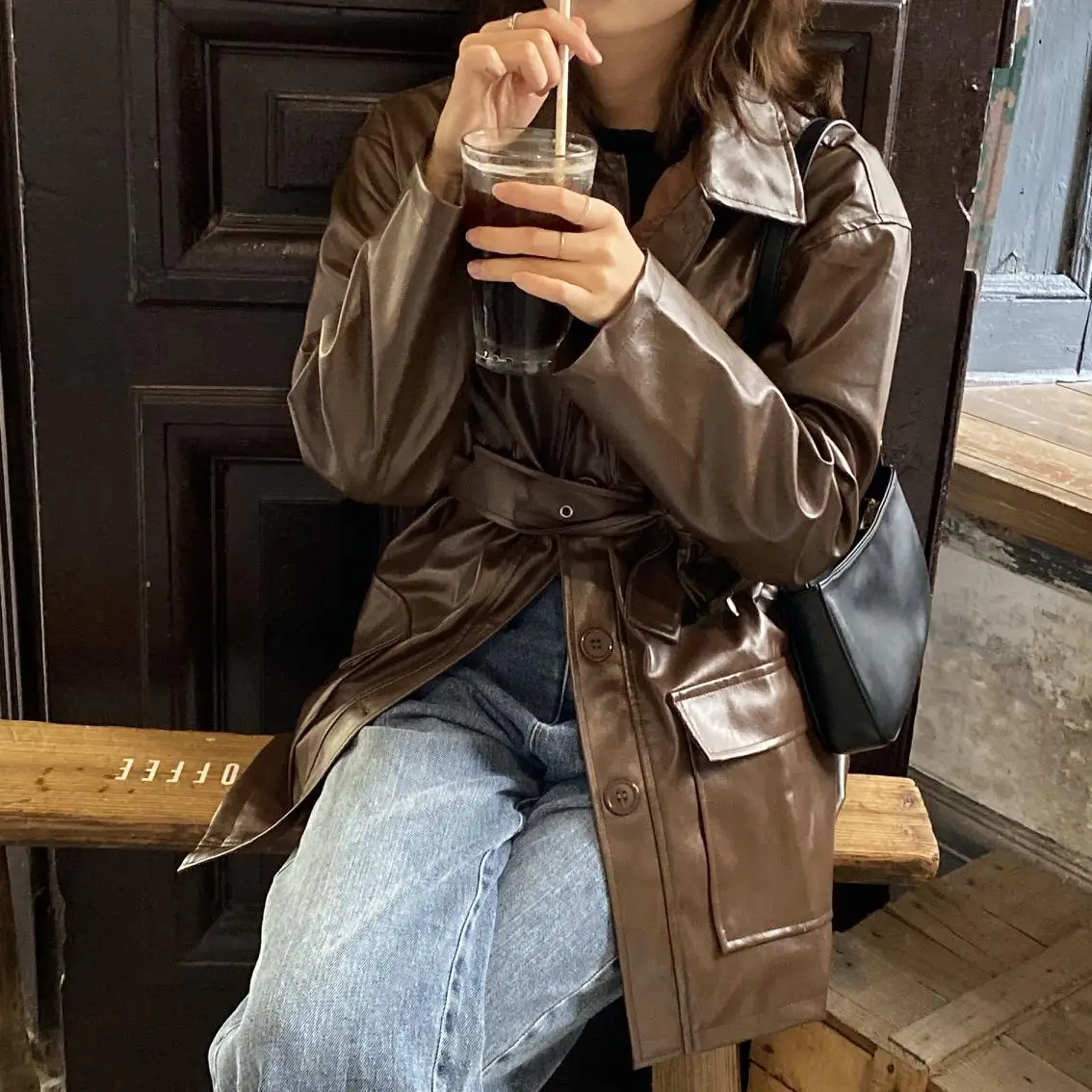 Women Autumn Spring Leather Cost Jacket Cool Girl Leather Black Coffee Turn-Down Collar Blazer+Female Green Turtleneck Sweater