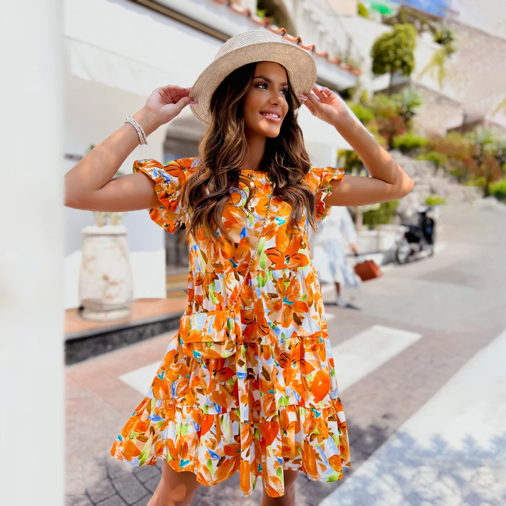 

Summer New Fashion Women's Dress Short Flared Sleeves Round Neck Printed Irregular Hem Woman Casual Mini Elegant Beach Dresses