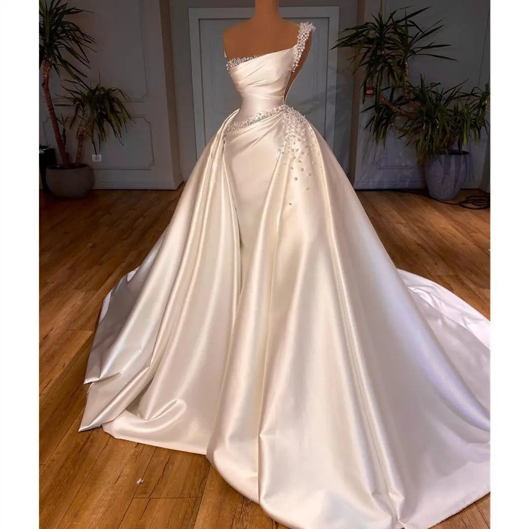 

Fancy Pearls Mermaid Bridal Gowns Sleeveless One Shoulder Wedding Dress Custom Made Beads with Overskirts Vestido de novia