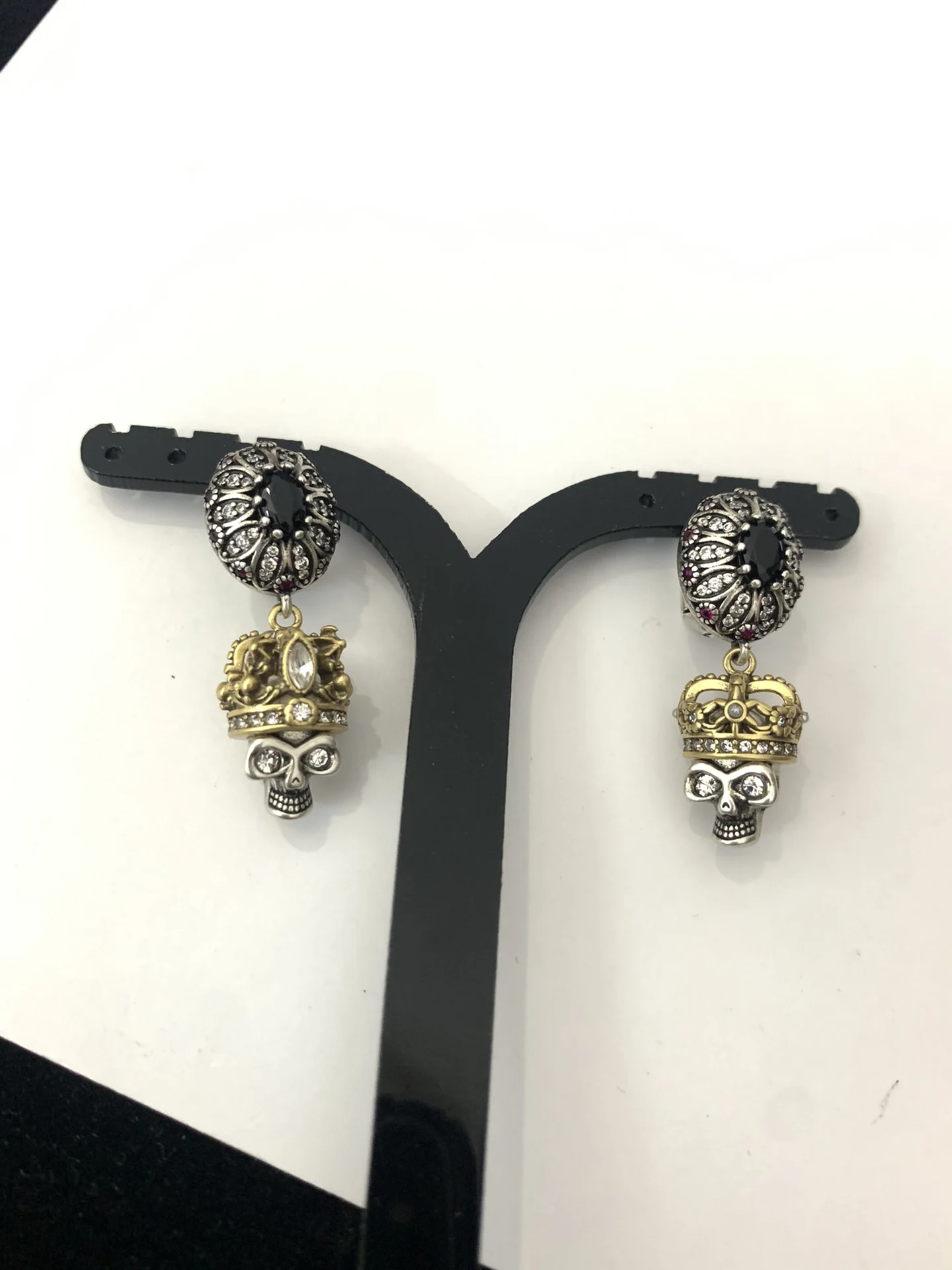 

Bronze Tone Crown Skull Pendant Dangle Drop Earrings Women Jewelry Paved With Crystals For Halloween