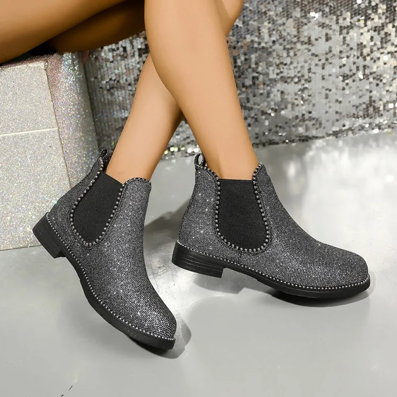 Женские ботильоны на низком каблуке модная блестящая обувь женская трендовая