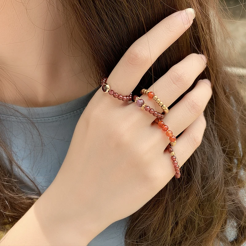 

Retro Natural Stone Burgundy Garnet Ring Fashion Adjustable Stainless Steel Beads Rings Women Personality Elastic Rope Jewelry