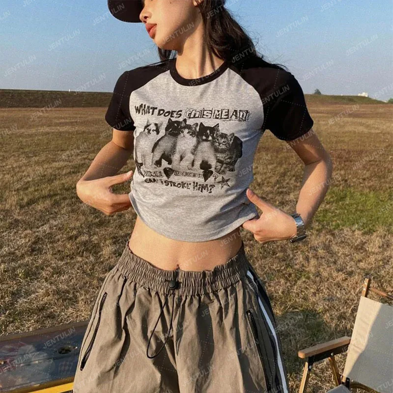 Винтажные укороченные топы для женщин Y2K Style Cute Cat Aesthetic Splice Grey Baby Tee Streetwear Goth Harajuku