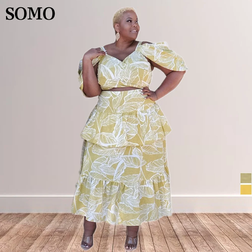 

2022 Fashion Printed Women Plus Size Elegant Sexy Off Shoulder Crop Top Pleated Long Skirt Two Piece Set Wholesale Dropshipping