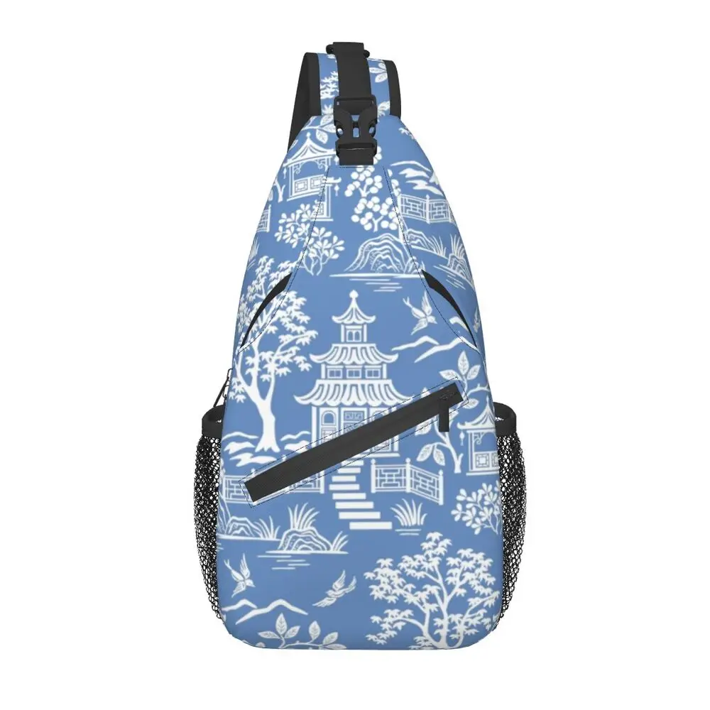 

Chinoiserie Pagoda Ancien Blue Delft Willow Sling Bags for Cycling Camping Men Oriental Style Crossbody Chest Backpack Daypack