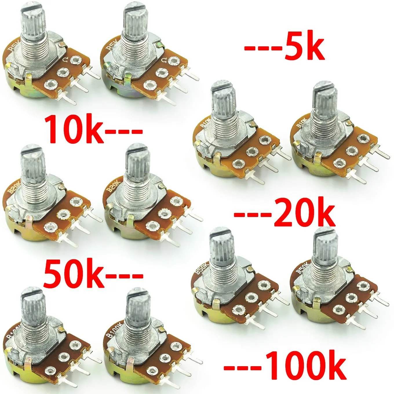 

10pcs WH148 single potentiometer with short shank, 3 pins, 15mm shank length, adjustable resistor 5/10/20/50/100K.