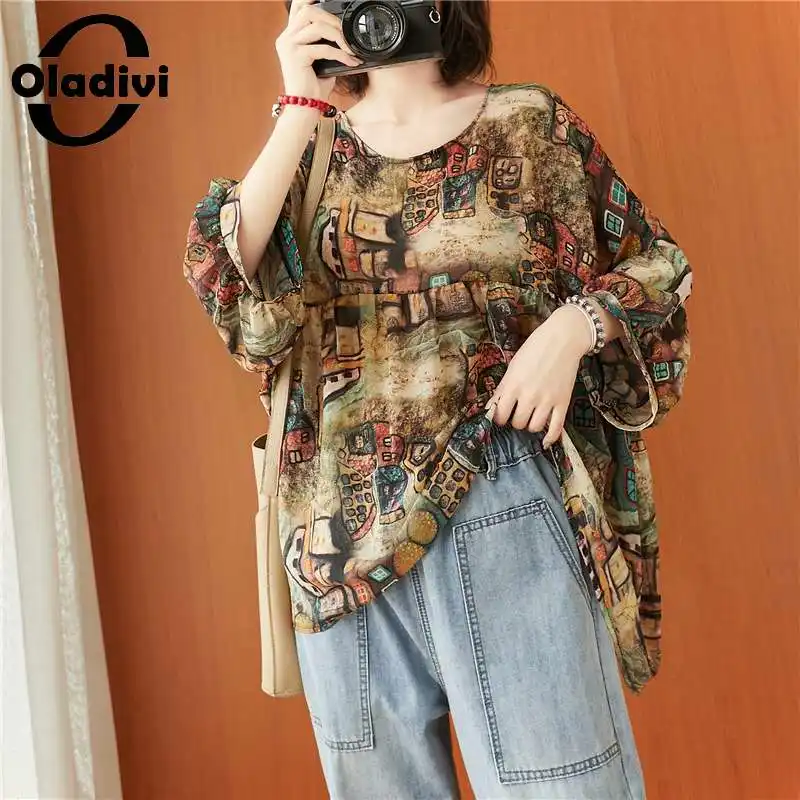 

Oladivi Oversized Clothing Fashion Print Chiffon Blouse Women 3XL 4XL 5XL 6XL 7XL 8XL 3/4 Sleeve Casual Shirt Top Tee Big Tunic