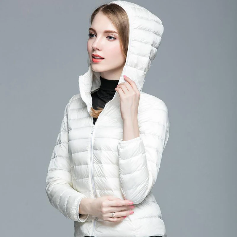 Women Down Jacket Hooded 90% White Duck Down Warm Overcoat Solid Color Portable Outerwear Ultra Light Down Coat Winter