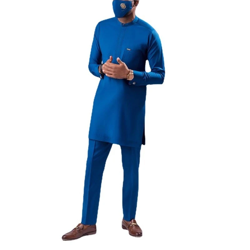 Muslim Fashion Men's Suit African Ethnic Style Large Size Solid Color Gentleman Long Sleeve Top Pants 2 Piece Set Kurta Shirt