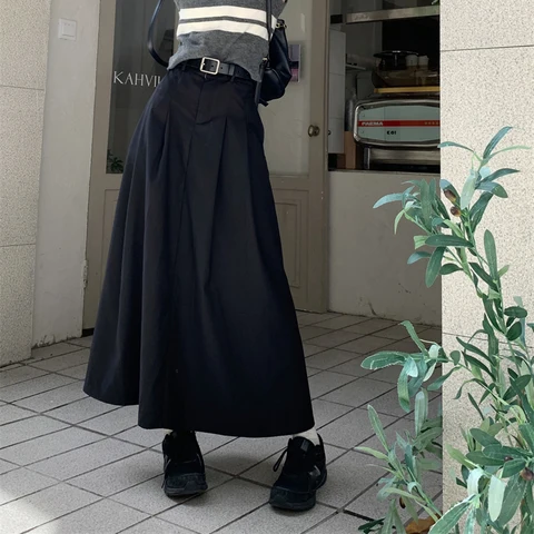 Autumn Maxi Skirt Black 2022 Japanese High Waist Pleated Long Skirts Women Summer Vintage A Line Skirt Girls Khaki Preppy Style