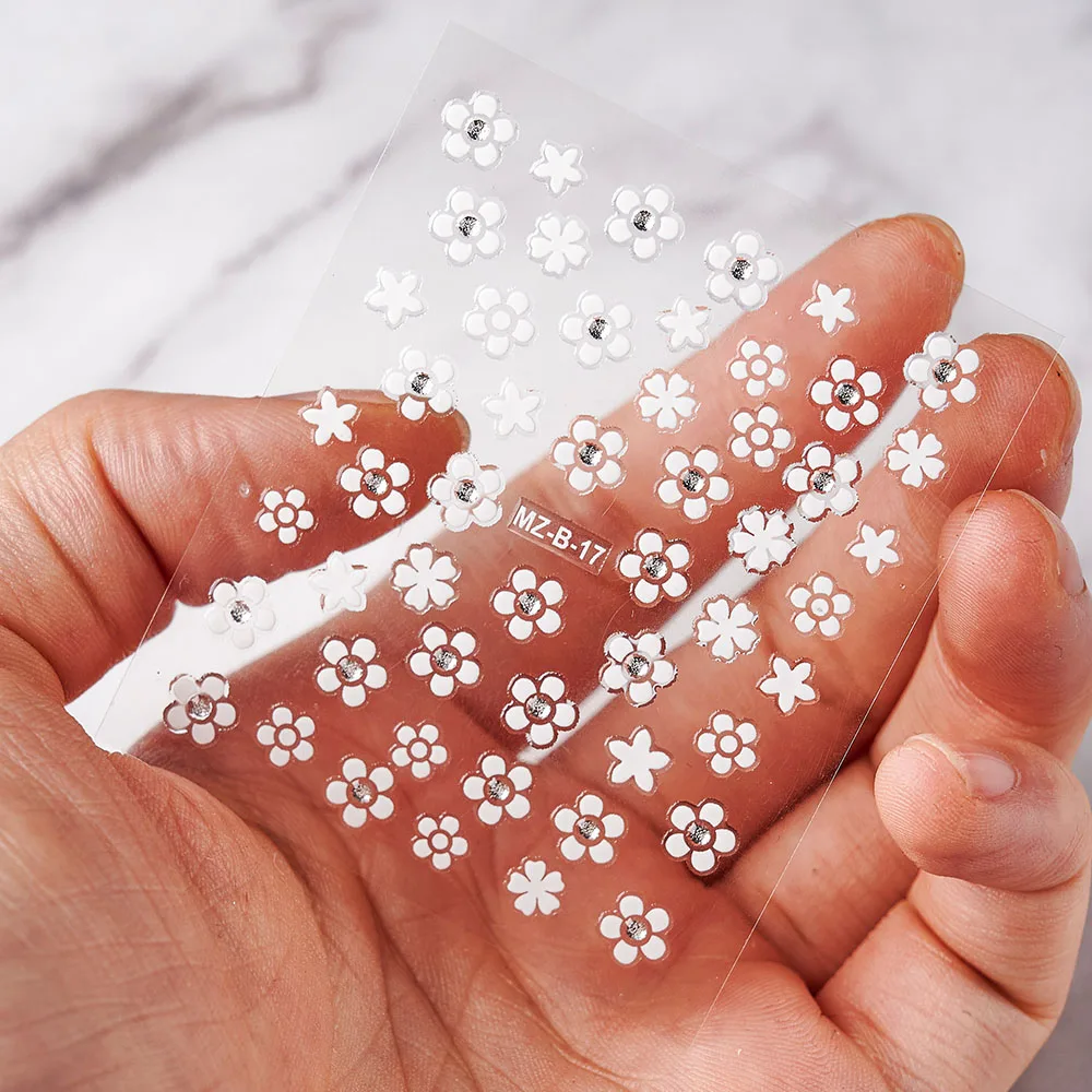 

Random 30 Sheets 3D Nail Sticker Transparent Bottom White Diamond Flower Series Nail Sticker Decoration Nail Art Sticker 6.5x5cm