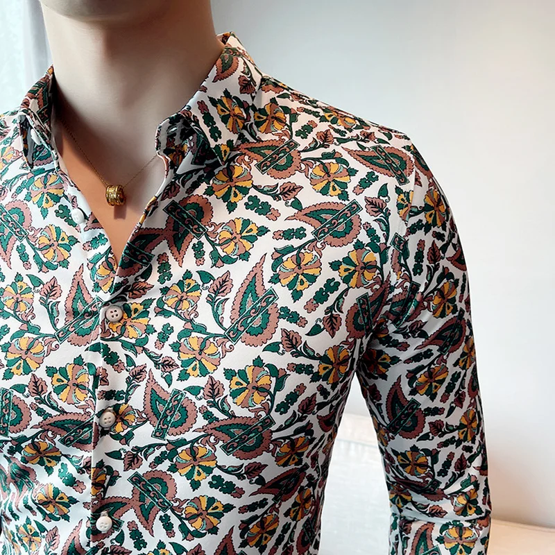 Vintage Print Men Shirt 2021 High Quality Long Sleeve Casual Shirt Formal Dress Shirts Slim Fit Streetwear Social Tuxedo Blouse