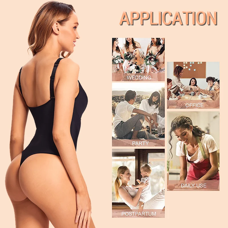 Women Sexy Thong Bodysuit Built in Bra Push Up Chest Smooth V Neck Body Shaper Tummy Control Slimming Backless Padded Shapewear