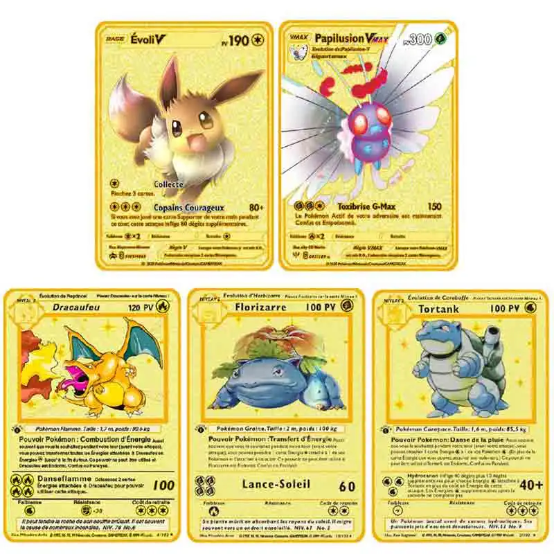 

Покемон, металлическая игра, аниме, Kaarten Eevee Mewtwo, Charizard Pikachu, битва, Покемон, Золотая карточка, коллекция действий, детские игрушки