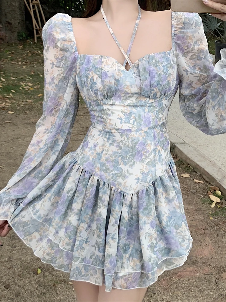 

Sexy Floral One Piece Dress Korean Fashion Woman Puff Sleeve Y2k Mini Dress Casual 2022 Spring Design Elegant Short Party Dress