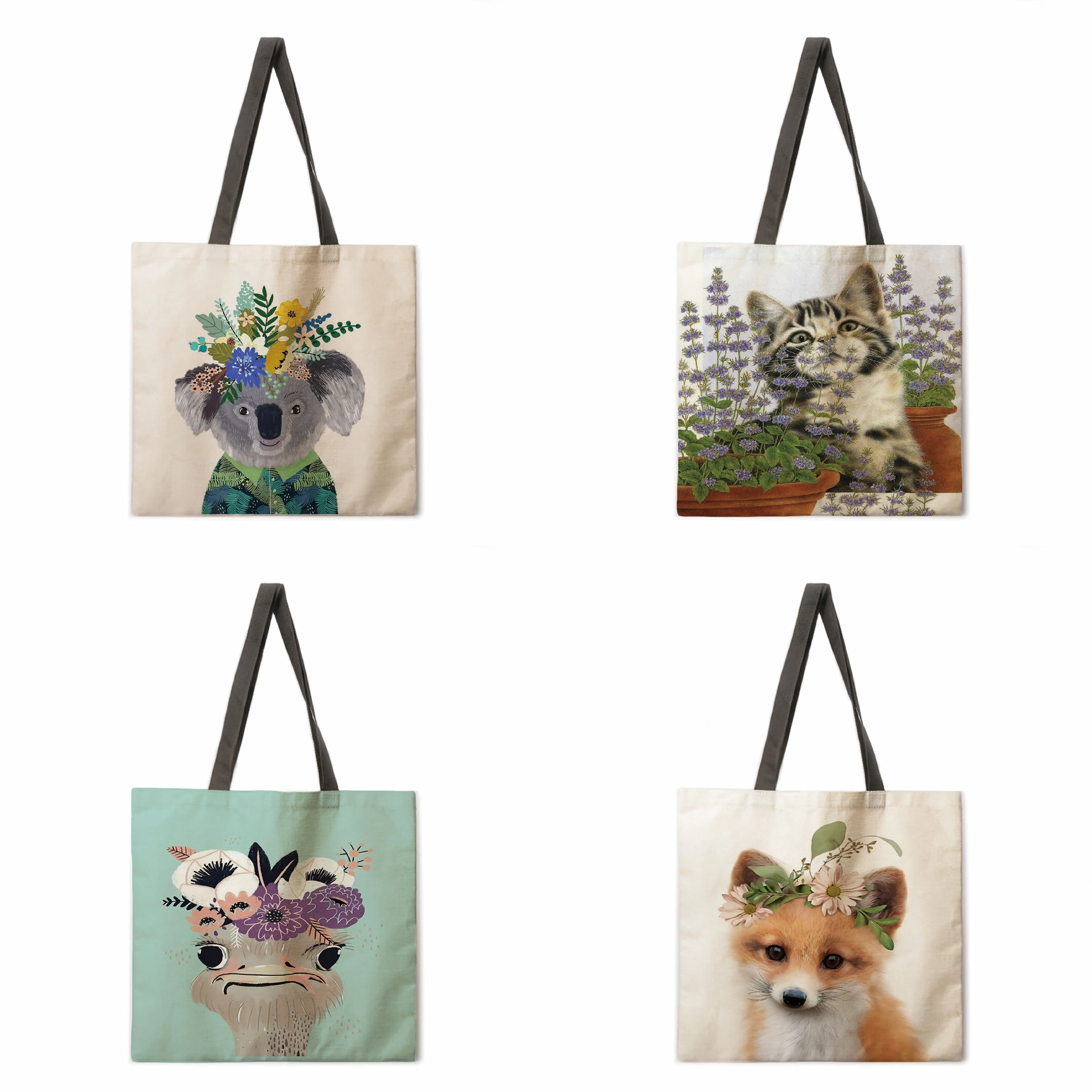 

Design cute animal print linen handbag on white background women fashion handbag school travel shopping shoulder bag reusable
