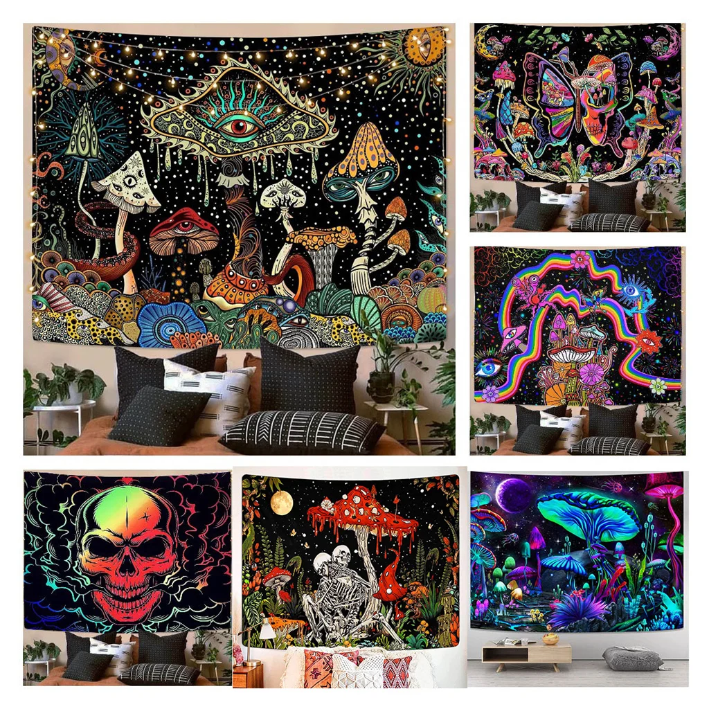 Trippy Mushroom AestheticBohemian Boho Gothic Tapestry Wall Hanging Blanket Custom Vintage Fabric Psychedelic Bedroom Livingroom